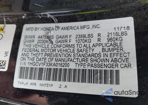 2019 Honda Accord Sport from USA, damaged, VIN 1HGCV1F33KA016200